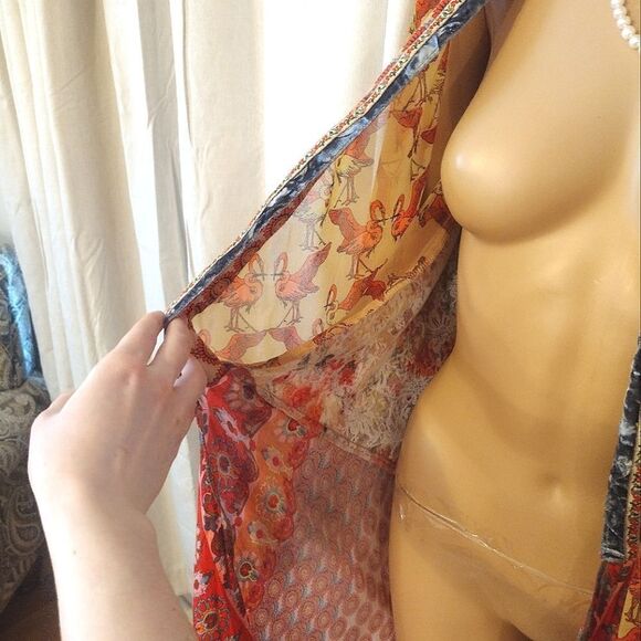 Ivy Jane Women's Size Small Floral Lace Mustard Gold Flamingo, Fringe Cardigan - Picture 9 of 12